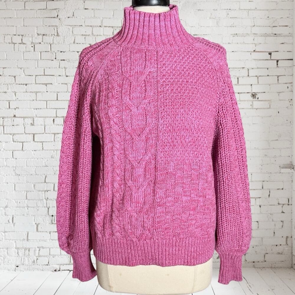 Sundance NEW Pink Cable Knit Chunky Sweater Sz L Mock Neck Boho Cozy Knit Preppy